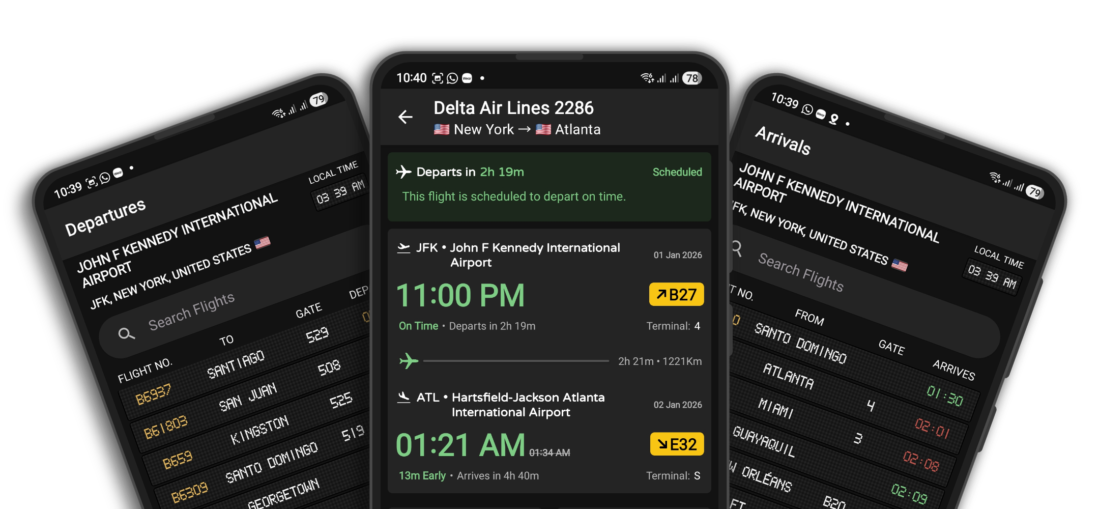 Flight Board showing departure and arrival boards beside detailed flight status