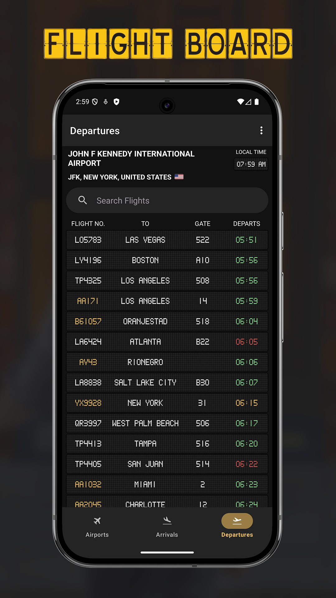 Flight Board departure board showing flights from JFK